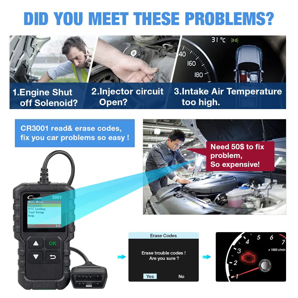 Launch CR3001 prijungtas prie OBD2 jungties