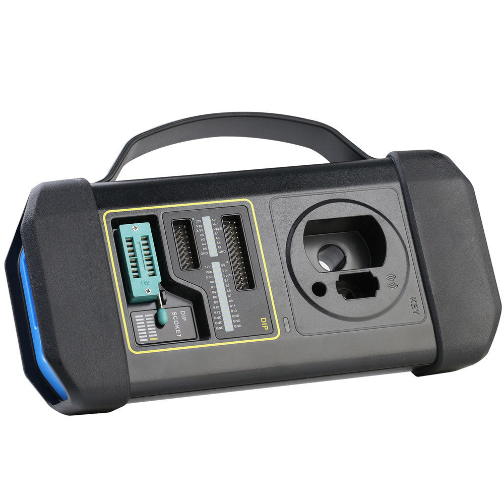 Launch X-PROG 3 main unit with DIP socket and key slot, angled view