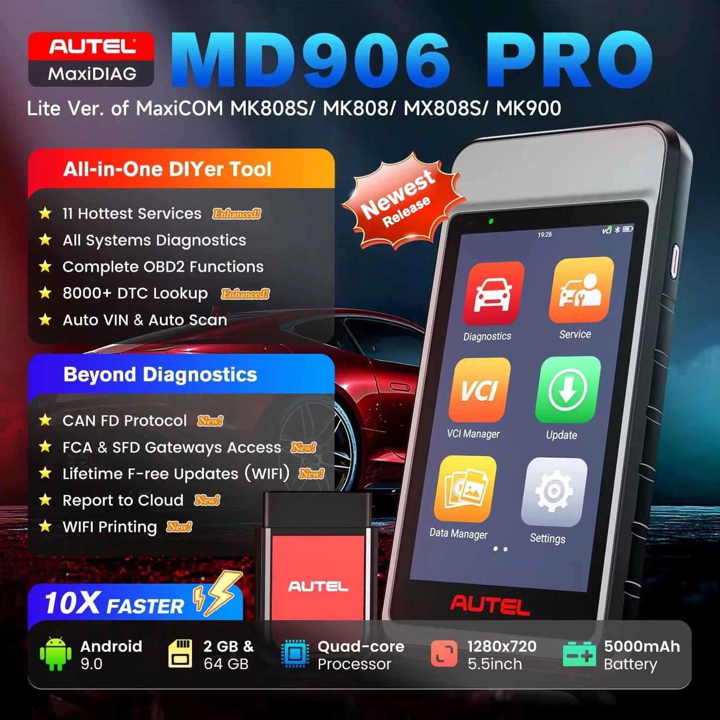 Autel MaxiDiag MD906 PRO su belaidžiu VCI moduliu ir funkcijų apžvalga