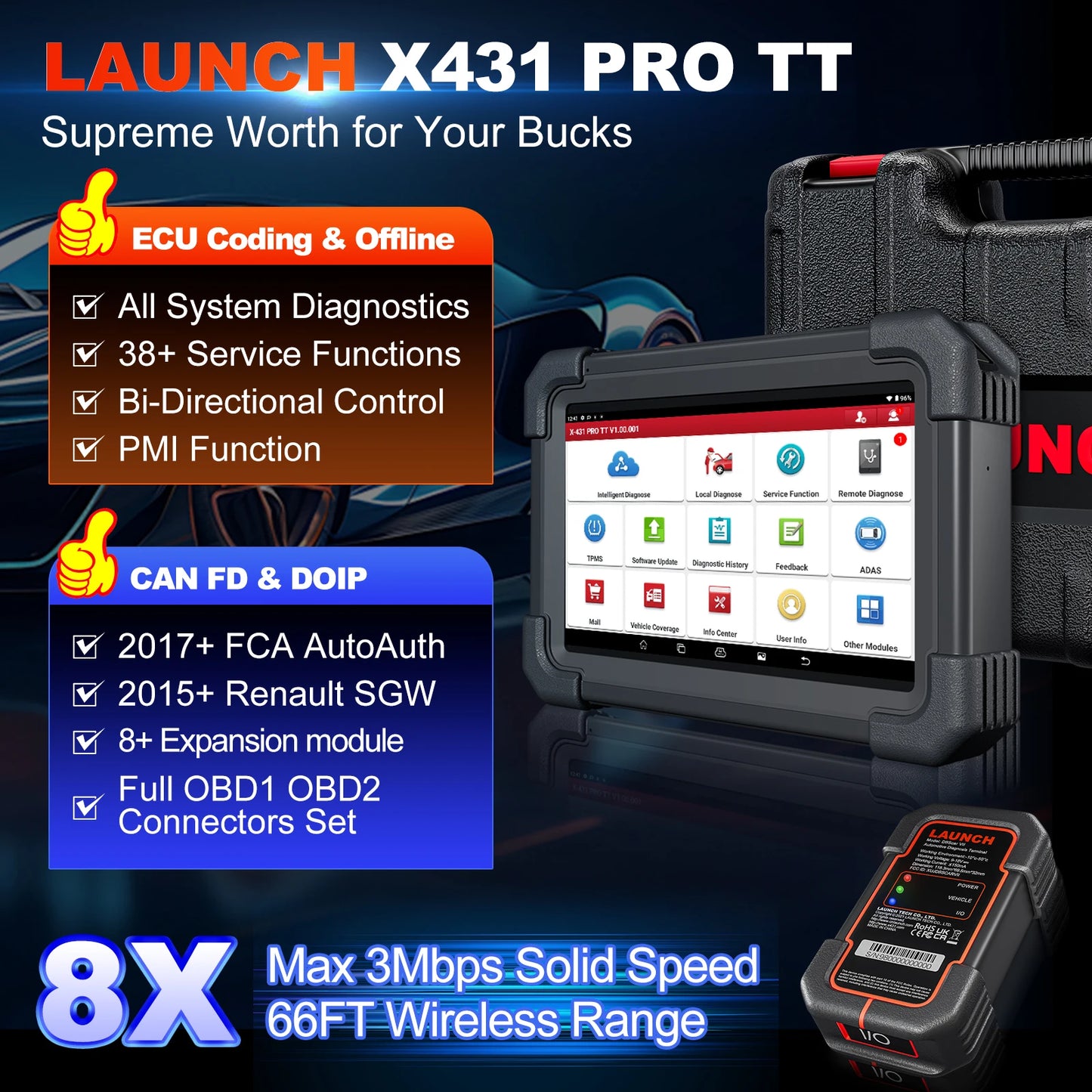 Launch PRO TT su DBScar VII belaidžiu VCI