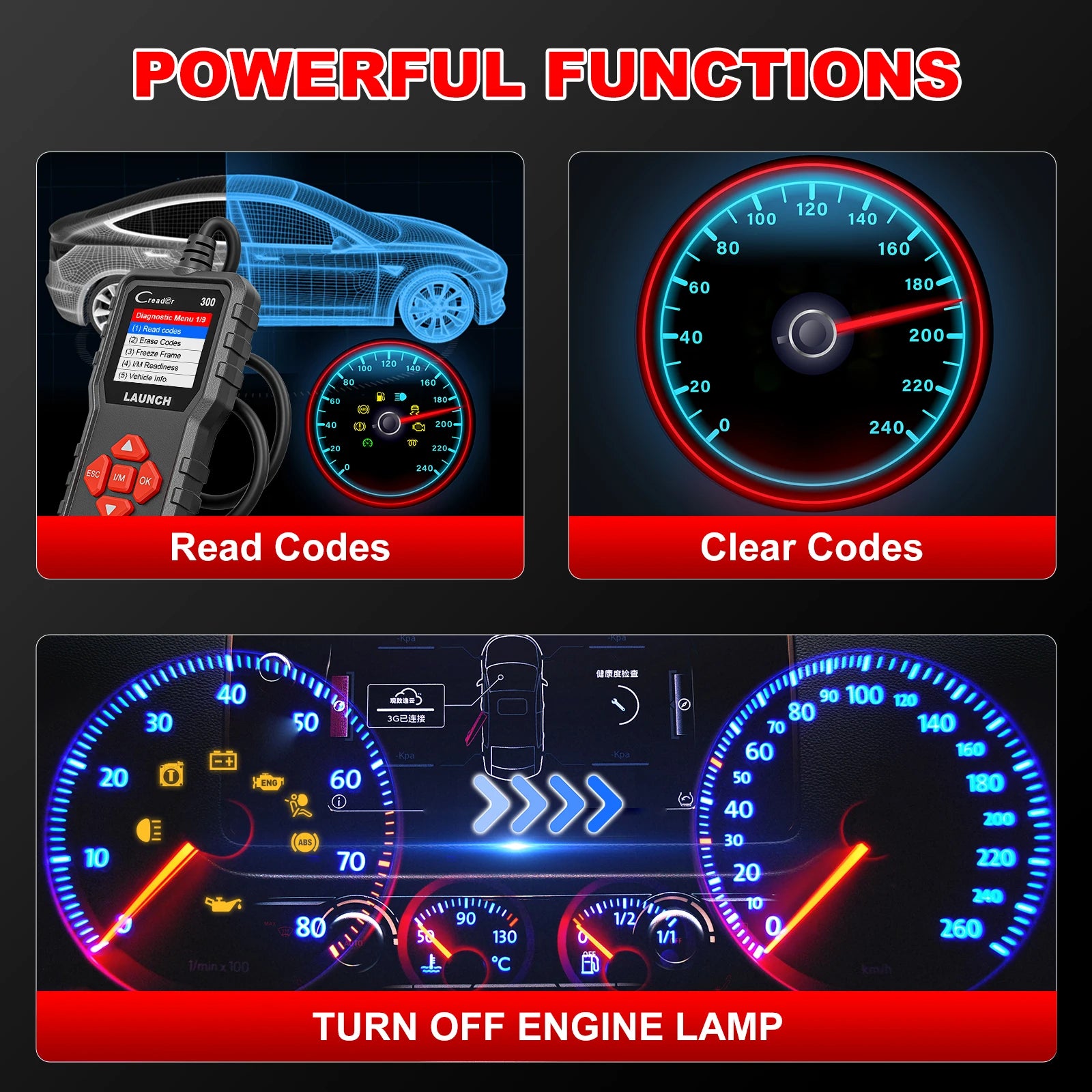 Launch Creader 300 komplektas su OBD2 laidu