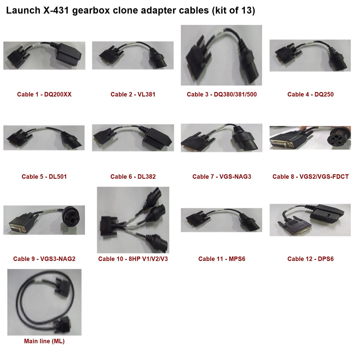 Launch X-431 gearbox clone adapter cables, kit of 13 with names